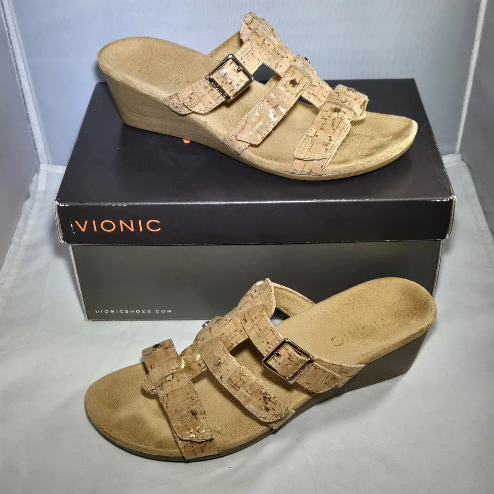 Vionic Womens Park Radia Tan Cork Gold Wedge Sandals Size 7 Comfort Shoes Straps